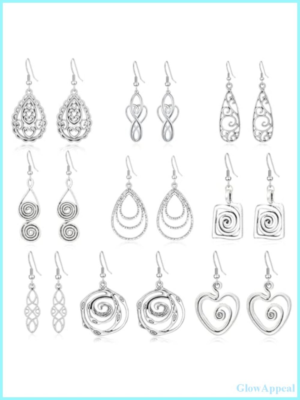 Sterling Silver Plating Boho Dangle Earrings Set of 9 Hypoallergenic Drop